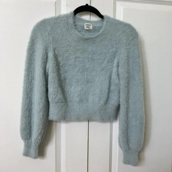 Aritzia Sunday Best Fuzzy Eyelash Blue Cropped Sweater Womens Small - Picture 2 of 5